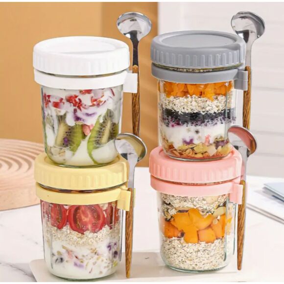 2 Pack Glass Jars With Spoons Parfait Dessert Soup Drinks Lunch - Picture 4 of 5